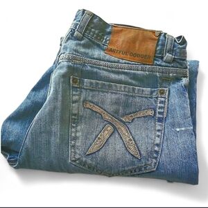 Artful Dodger Knifes Embroidery Light Wash Distressed Jeans Size 34